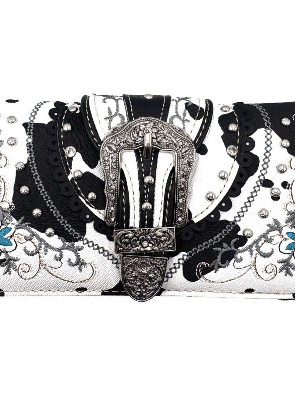 NWT Black White Cow Print Western Leather Buckle Embroidered Crossbody Wallet